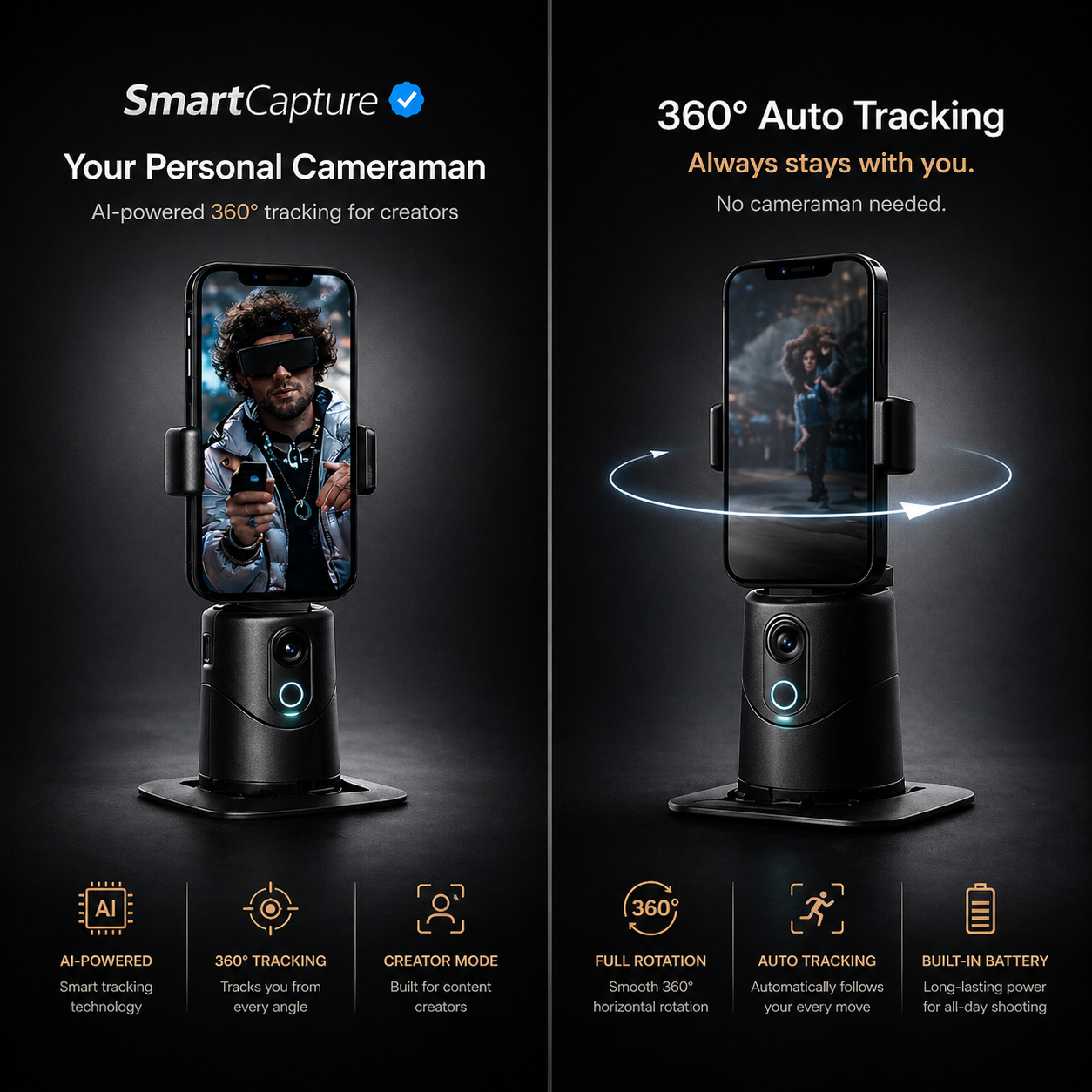SmartCapture™
 Auto Recognition Smartphone Automatic Tracking Gimbal Tripod